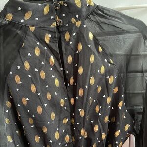 Black Sheer Blouse with Gold and White Pattern